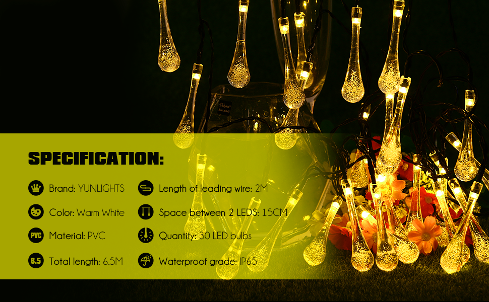 YUNLIGHTS Solar String Lights, 21.3feet 30 LED Water Drop Fairy Lights