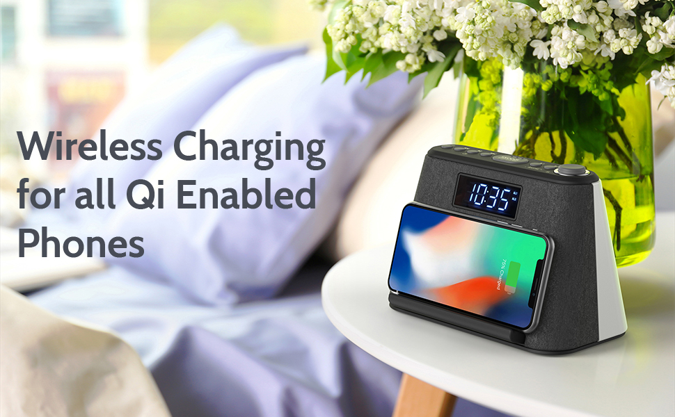 Alarm Clock Bedside FM Radio Non Ticking with USB Charger & Wireless QI