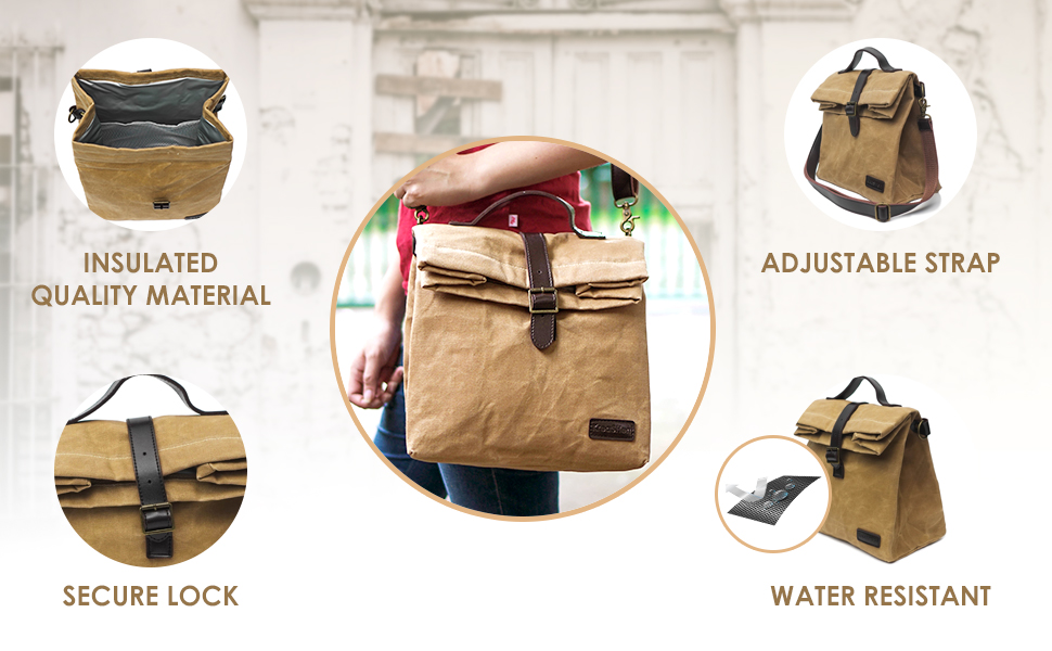 Insulated Waxed Canvas Lunch Bag (Brown), Adjustable Shoulder Strap and Handle, Water Resistant