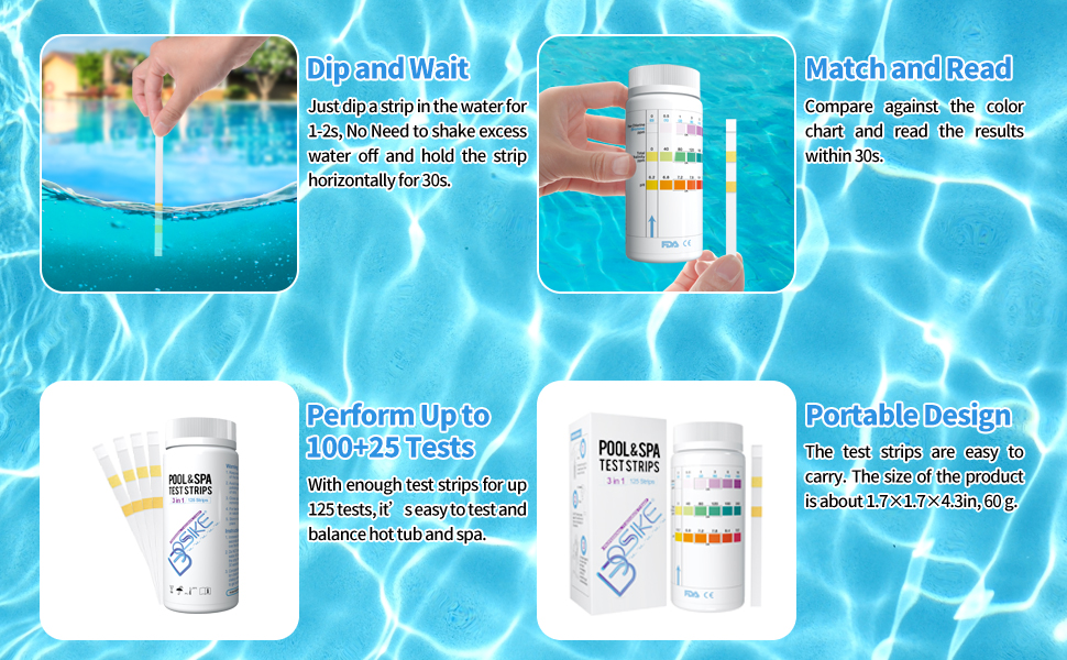 BOSIKE 3 in 1 Water Hot Tub, Swimming Pool & Spa Test Strips Kit - 125 ...