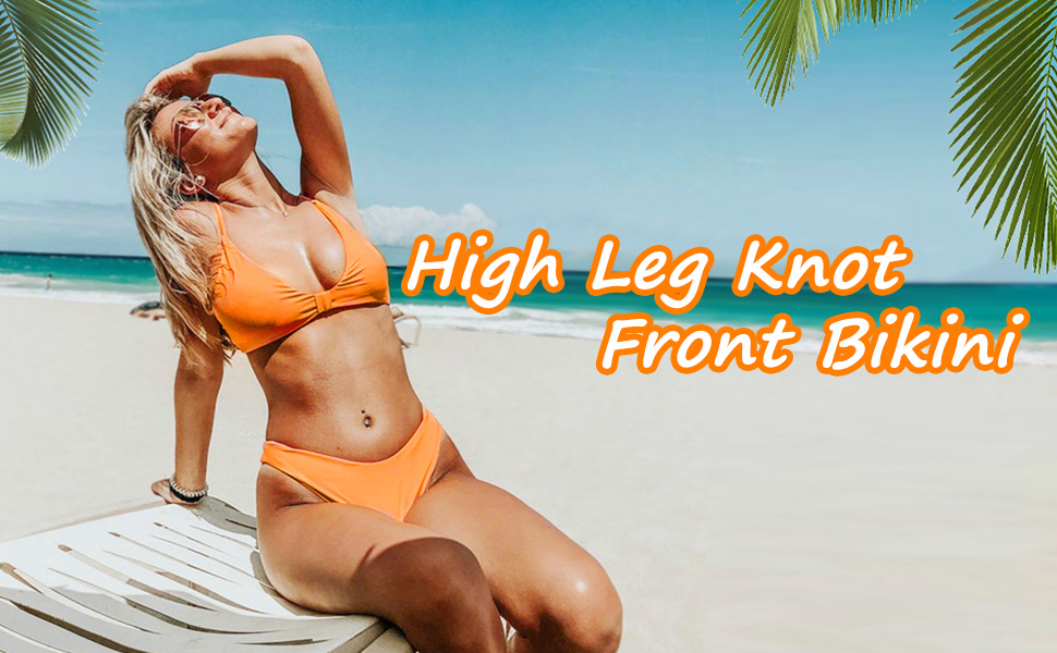 ZAFUL Women's Tie Knot Front Spaghetti Strap High Cut Bikini Set Swimsuit