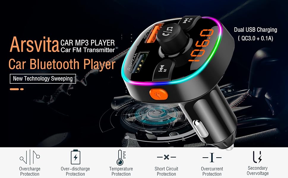 Arsvita Transmisor FM Bluetooth para automóvil, receptor de radio/adaptador de audio