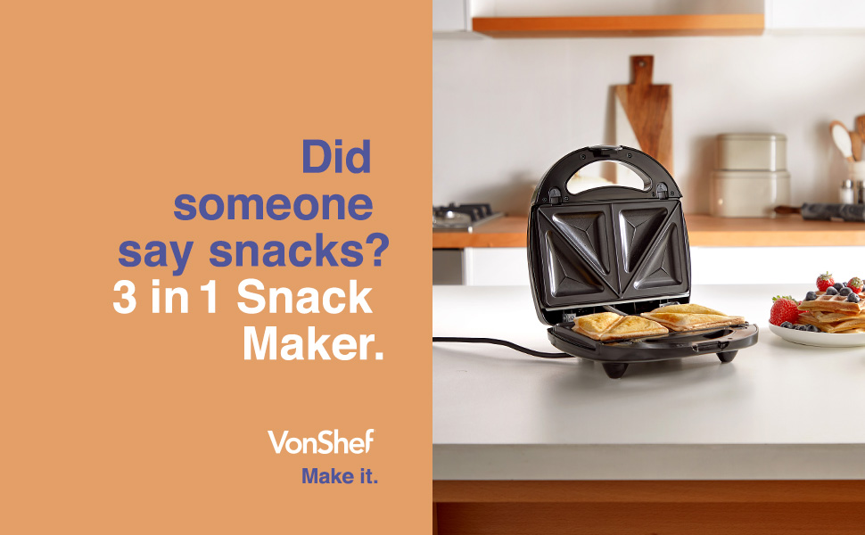 VonShef Waffle Maker 3 in 1 Sandwich Toaster, Panini Press, Waffle