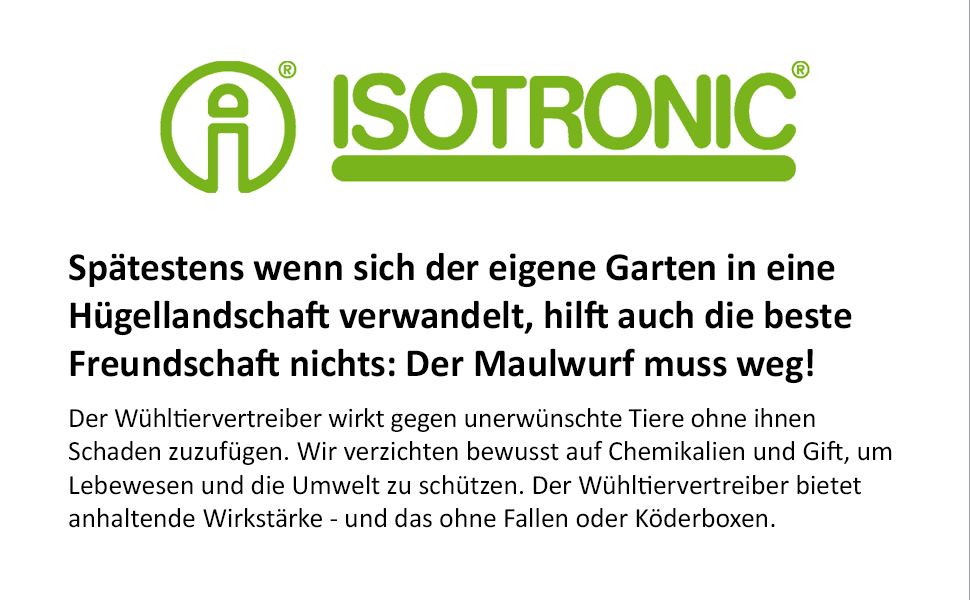 ISOTRONIC Maulwurf Vertreiber solarbetrieben, mit ON/Off – Schalter,  Ultraschall Schädlingsbekämpfung gegen Wühlmäuse