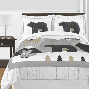 Beige Grey White Boho Mountain Animal Unisex Boy or Girl Full Queen Size Kid Bedding Comforter Set