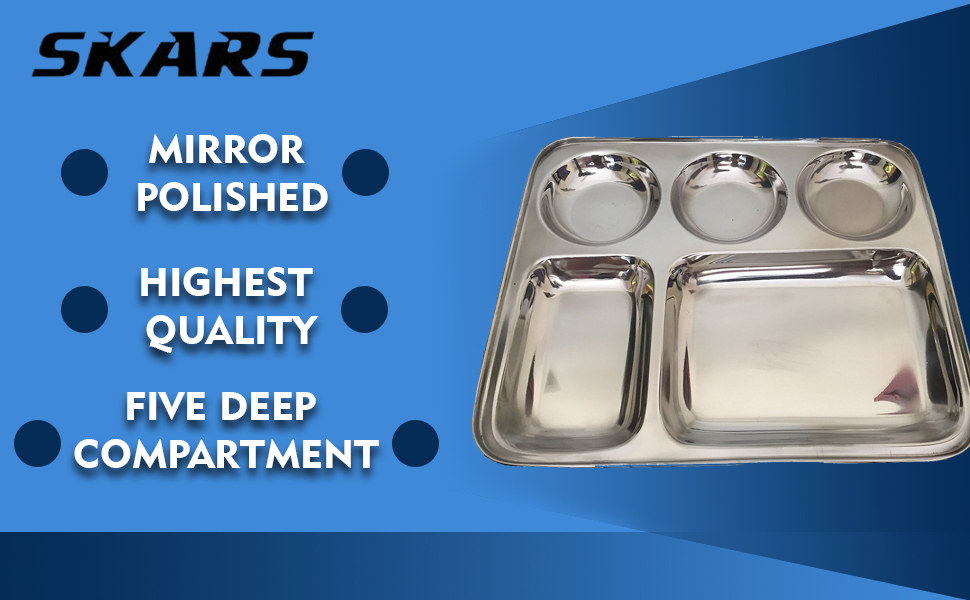 SPN-TP3A0 Multipurpose Stainless Steel Plate, Rectangular Design with compartments, Mess Trays.