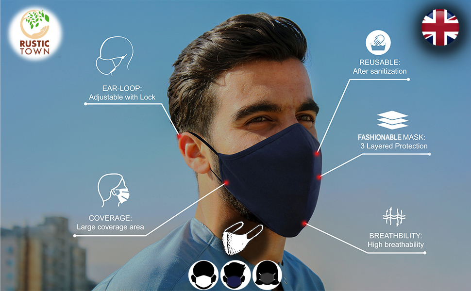 Cotton Washable Cloth Reusable Face Masks UK Adjustable 3 Layer