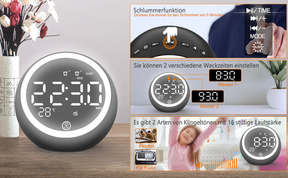 Anole FM Radio Alarm Clock, Digital LED Alarm Clock, Table Clock