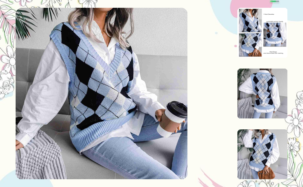 Sweater Vest Women,Sleeveless V Neck Argyle Plaid Long