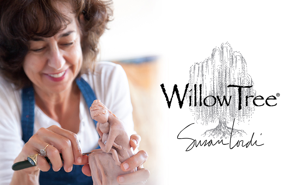 Artist Susan Lordi carving figure, left. Willow Tree logo, right.
