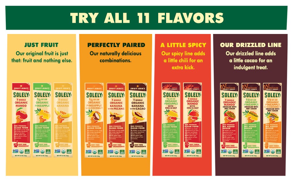 SOLELY Organic Banana with Cacao Fruit Jerky, 12 Strips