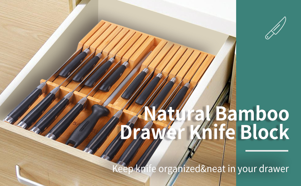 Utoplike inDrawer Knife Block Bamboo Kitchen Knife Drawer Organizer