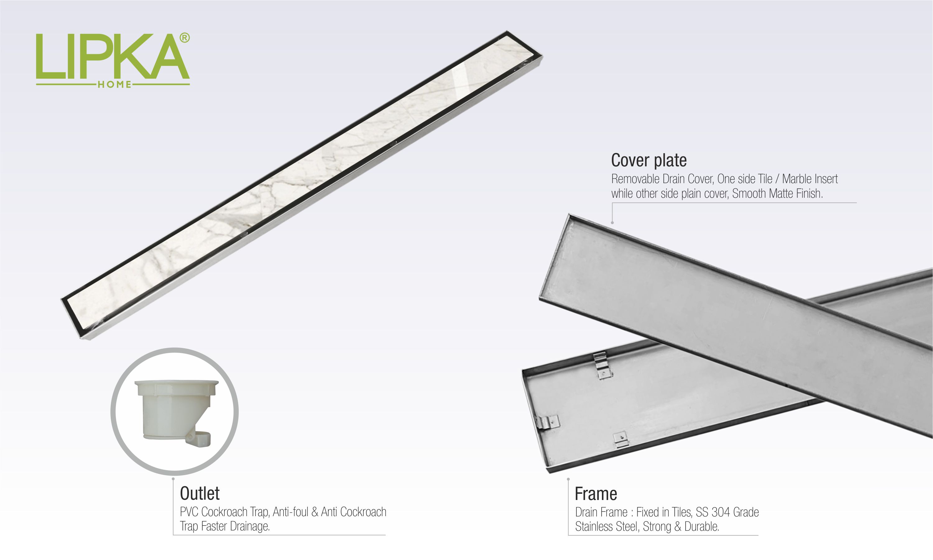 LIPKA Rectangular Tile Insert Shower Drain Channel | 18 x 3 Inches | Waste Water Floor Drain for 13mm Tile | 304 Stainless Steel | Invisible Shower Drainer Channel | Anti Cockroach Trap and Side Hole
