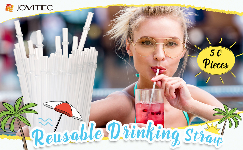 Jovitec 50 Pieces Reusable Hard Plastic Drinking Straws for Tumblers Mason Jars