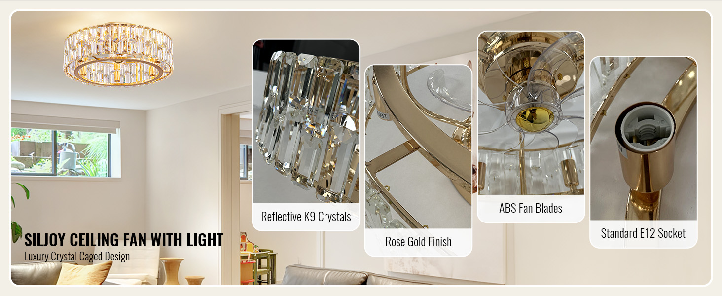 ◆タチカワ◆ウッドブラインド◆W1200×H980◆Z-2507BL2◆ Siljoy 20'' Gold Crystal Ceiling Fan with Light, Modern