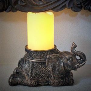 Elephant Figurine Candle Holder Flameless LED Pillar Candle Antique Gold Home Decor Gift