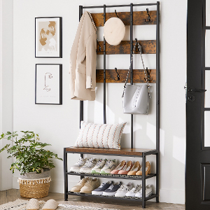 Songmics VASAGLE Appendiabiti Autoportante, Portaoggetti Per Ingresso, 8 Ganci Doppi, Panca Scarpiera, 2 Ripiani A Rete, Camera Da Letto, Struttura In Acciaio, Industriale, Marrone Vintage E Nero 14 1