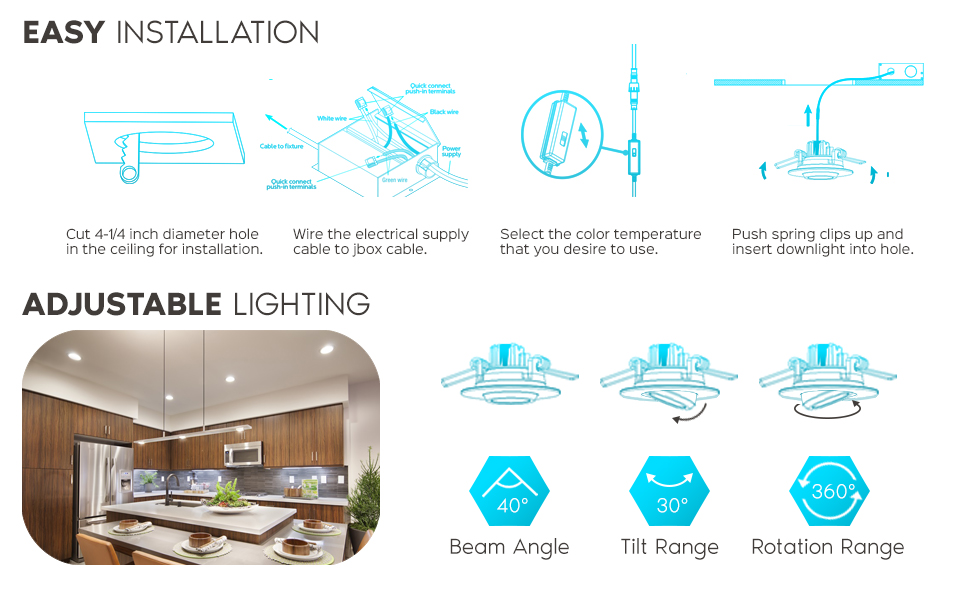 Gimbal LED Recessed Low Profile Downlights Retrofit Lights No Can Housing 4 Inch 4" Shallow Ceiling
