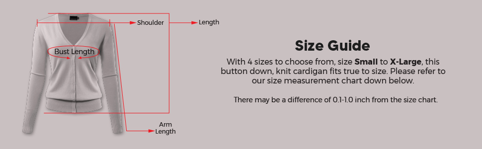 Women's Long Sleeve Button Down V-Neck Knit Cardigan Size Guide