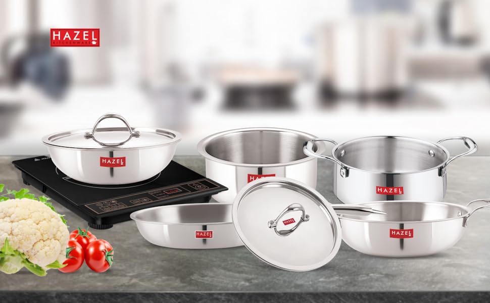 HAZEL Triply Stainless Steel Induction Bottom Tope and Tope with Handle 4.6 Litre, Kadhai 2 Litre with Stainless Steel Lid