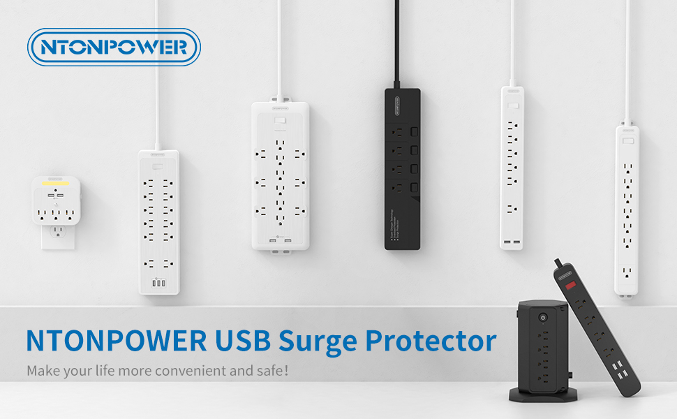 15ft Long Cord Surge Protector, NTONPOWER Power Bar Flat Plug, 4