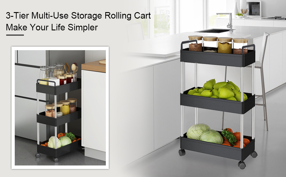 SOLEJAZZ 3Tier Storage Trolley Cart Slideout Slim Rolling Utility