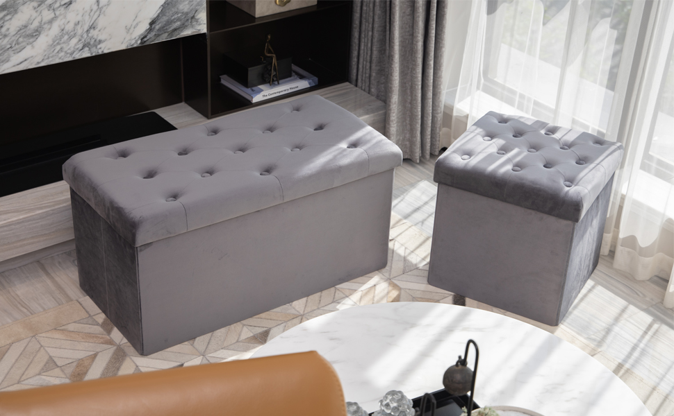 Bonlife Grey Velvet Ottoman Storage Box Toy Chest Children Step Stool