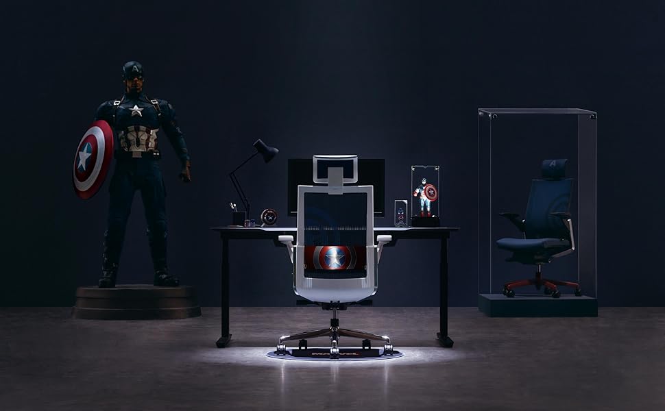 marvel fan's office with captain america task desk chair