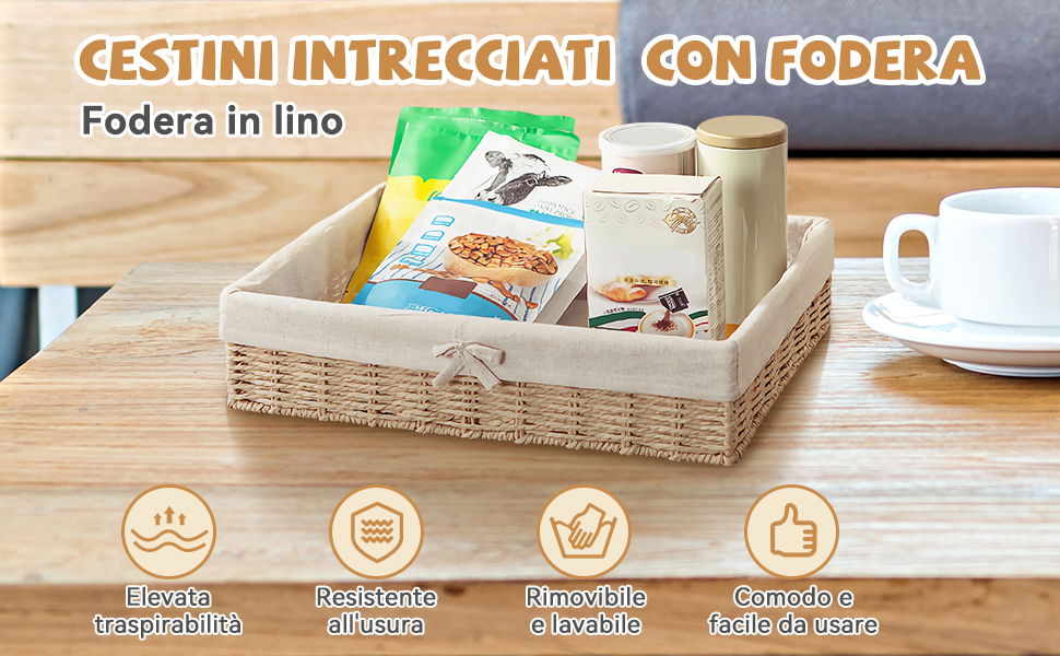 Cestino Intrecciato Rettangolare - 40x30x9cm, Corda Di Carta, Con Fodera Lino Lavabile