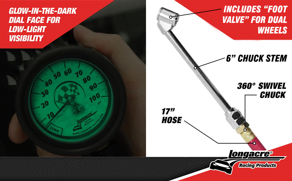 Longacre 5252063 Tire Gauge, 2.5 in. 0100 PSI w/Foot
