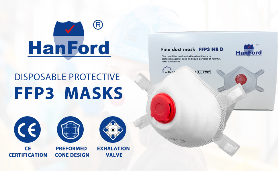 FFP3 Respirator Face Masks with Exhalation Valve EN 1492001 and A1