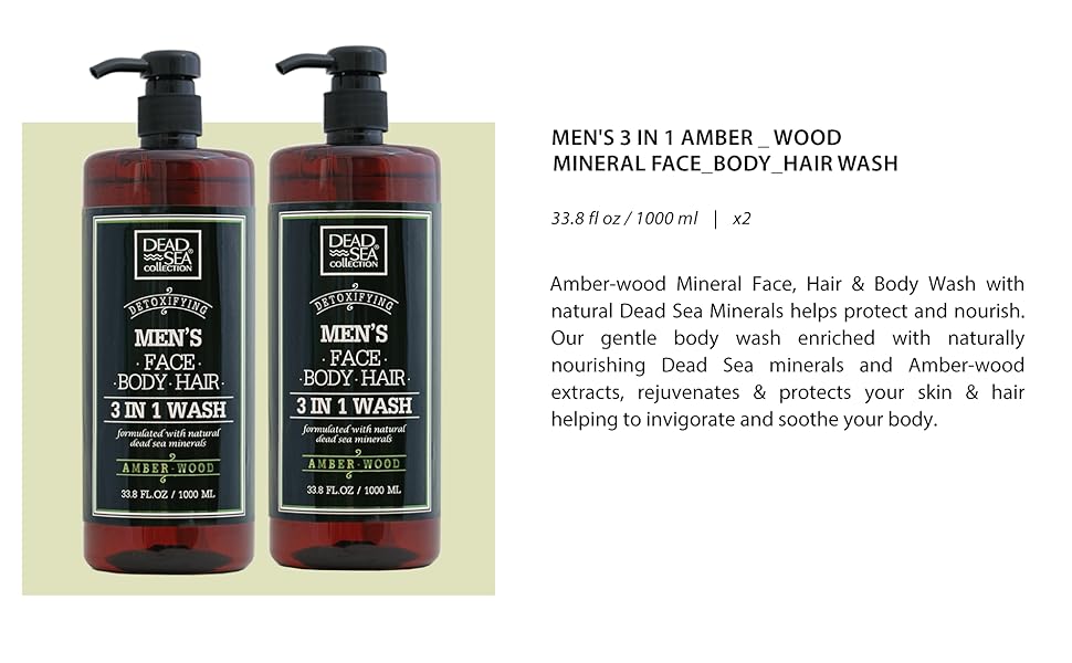 Dead Sea Collection, Amber-wood, body wash, shampoo, natural minerals, essential oils, men's line