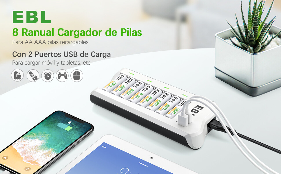 EBL 808U Cargador de Pilas AA AAA con 8 Piezas de AA 2800mAh Ni-MH ...