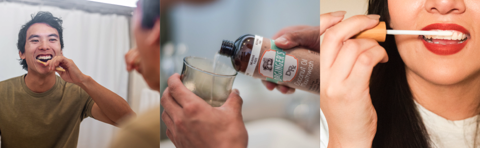 A man brushing his teeth, a man pouring mouthwash, a woman using a teeth whitening wand.