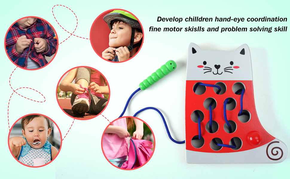 QZMTOY Wooden Lacing Toy, Cat Pineapple Threading Toys