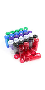 Bulk set of thirty BPA-free plastic water bottles. Assorted colors. Variety pack shown.