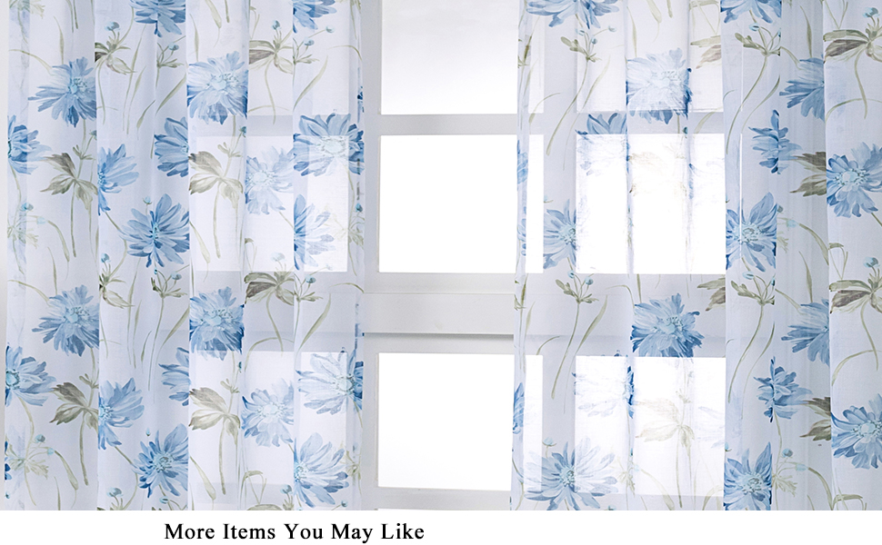 Kotile Sheer Curtains Blue Floral Print Bedroom Rod