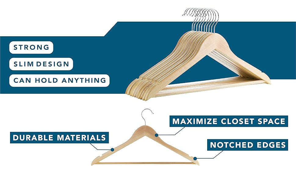 Polished Natural Everyday Wood Hangers with NonSlip Bar