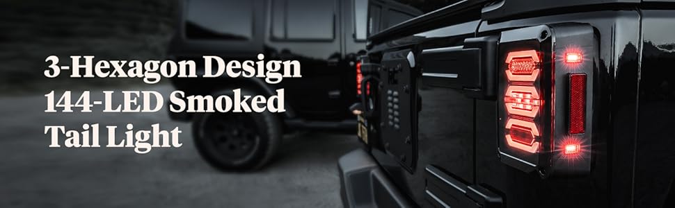 3-Hexagon Design 144-LED Smoked Tail Light on jeep with Brake Light