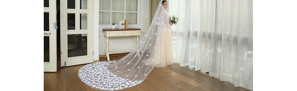 NCDIMS Wedding Veils Cathedral Length Butterfly Appliques 2