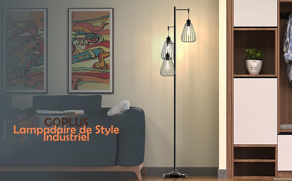 GOPLUS Lampadaire Industriel En Metal A 3 Tetes En Forme De Larme, Lampe A Pied Debout De Design Retro Et Hauteur 170 CM, Lampadaire D’Arbre Rustique Pour Salon, Cuisine, Noir(Ampoule Non Inclus) 10 1