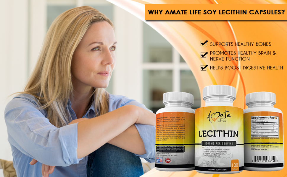 Amate Life Soy Lecithin 1200mg Capsules Supplement for