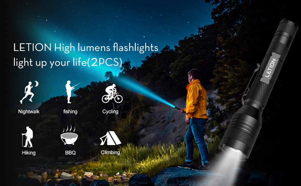LETION LED Torch Rechargeable,Torches LED Super Bright Powerful 1500 Lumens, IPX4 Waterproof, 5 Modes Zoomable Tactical Flashlight for Camping Bicyle,Including Accessories 4x18650 Batteries(2 Pack)