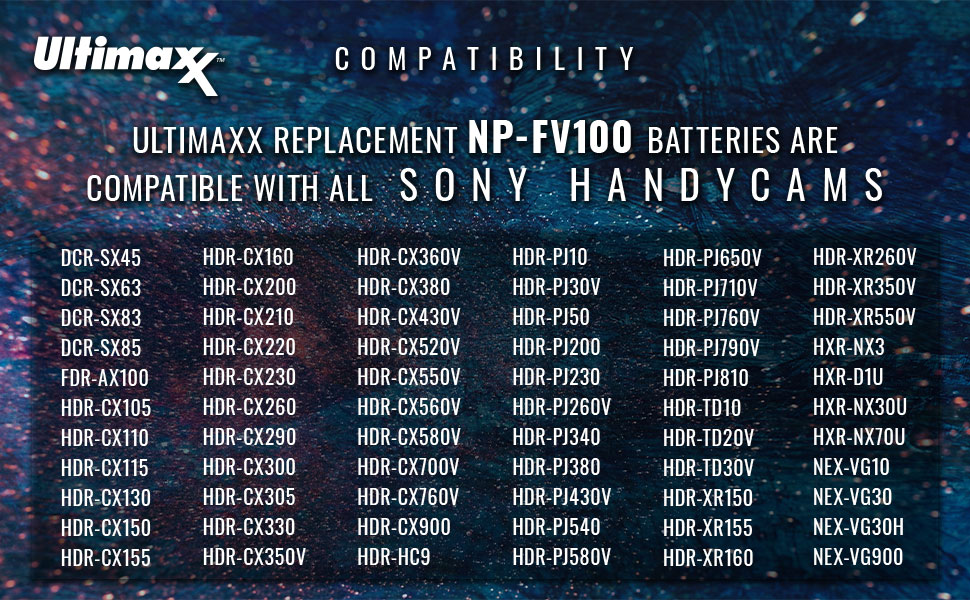 ultimaxx universal replacement battery sony handycam NPFV100 NP-FV100 np fv100 compatibility charger