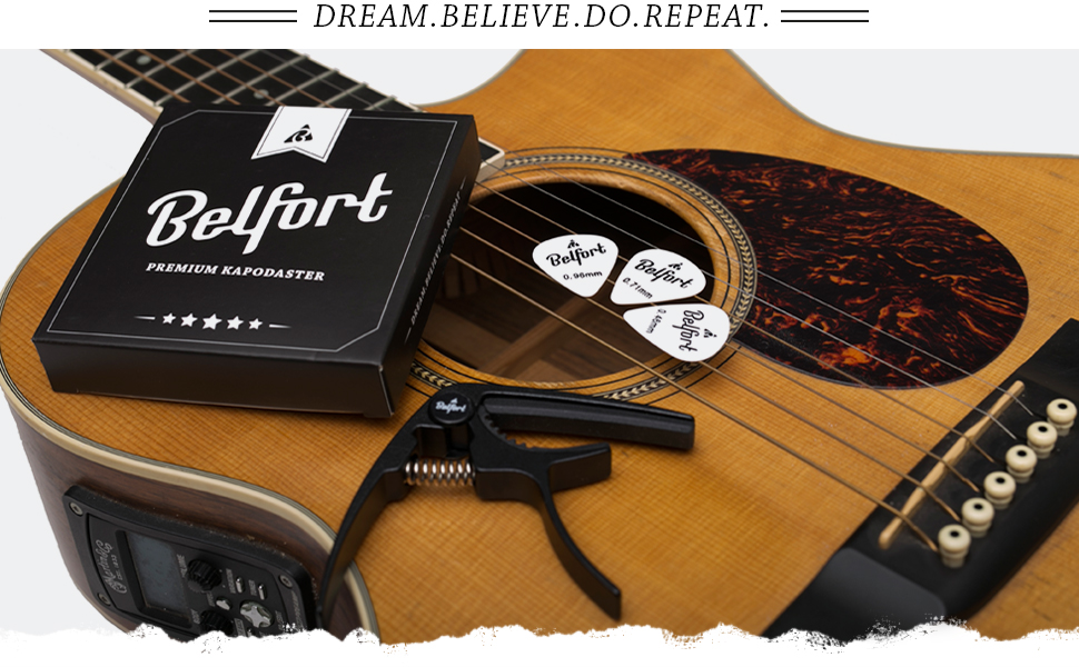 Belfort® Original QuickPitch Capo for Guitar + 3 Plectrums + Free eBook