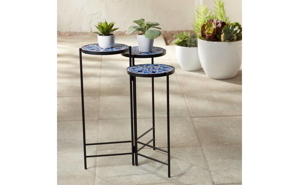 Modern Black Metal Round Outdoor Small Accent Tables Set of 3 10" Wide Blue Mosaic