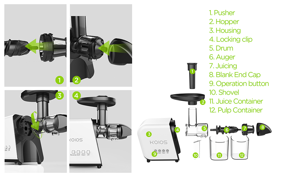 KOIOS Juicer, slow Juicer Extractor with reverse function, cold press
