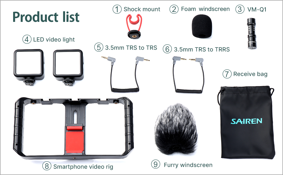 Smartphone Video Grip with Microphone + Video Light + Cold Shoe Tripod Head + Mini Tripod