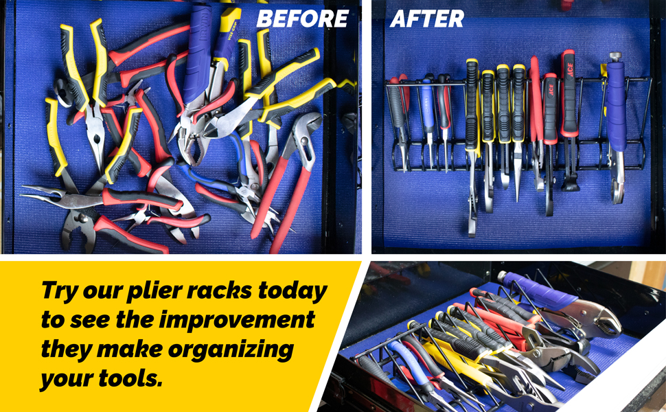 Plier Organizer Rack, Stores Spring Loaded, Regular and Wide Handle Insulated Pliers, Tool Box