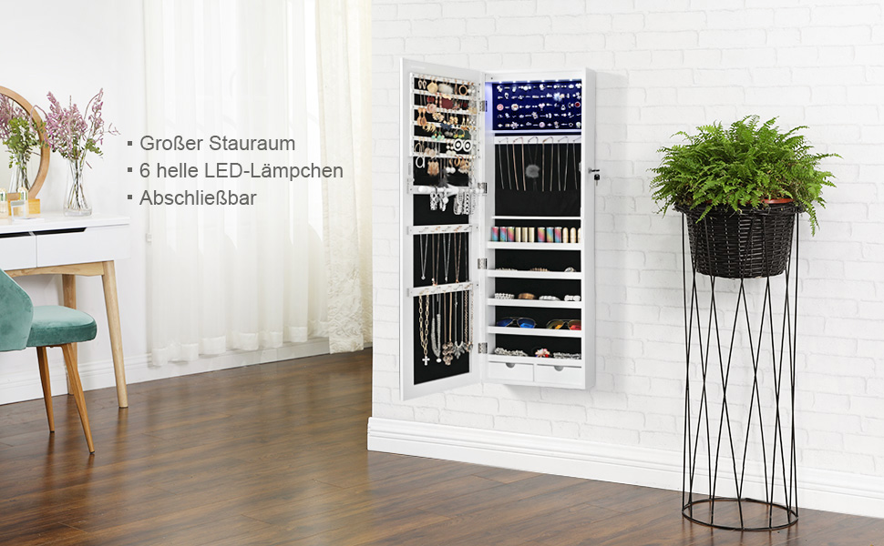 SONGMICS Schmuckschrank hängend, Spiegelschrank mit LED